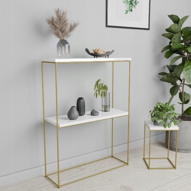 Консольний столик FutuStal, білий глянцевий з золотими елементами, 60 x 80 x 20 см