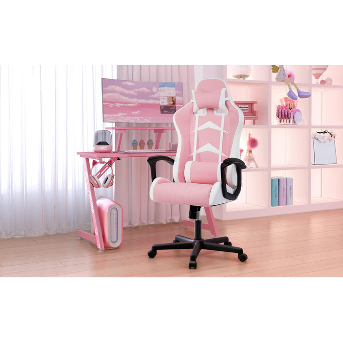 Ігрове крісло IntimaTe WM Heart, ергономічне, з регульованою спинкою, підголівником і подушкою для попереку, офісне, рожева шкіра, 52x49x130 см
