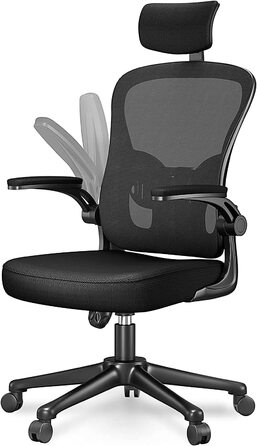 Офісний стіл Ergonomischer Bürostuhl з дихаючою сіткою, регульовані підлокітники, підголівник, поперекова підтримка, регулювання висоти, поворотний стілець на 360°, темно-чорний