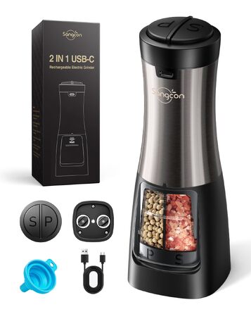Електричний набір млинків для солі та перцю 2 в 1 Sangcon, USB-зарядка, автоматичний помол однією рукою, керамічні жернова з підсвічуванням, колір Metallic Gunmetal