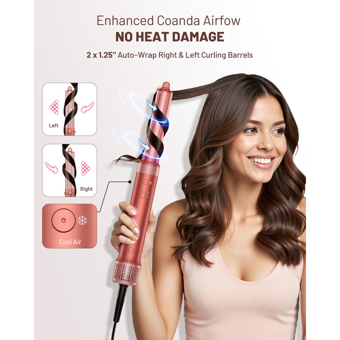 HITTIONA 5-в-1 Airstyler + Фен-щітка для волосся з іонізацією 110 000 об/хв, Автоматичний локон, Без термопошкоджень, Швидке сушіння та об'єм, Професійний стайлер для всіх типів волосся + Чохол для подорожей, Колір: Вишнево-червоний
