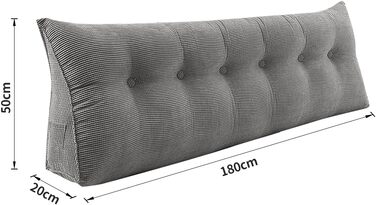 Подушка трикутна для спини OHMG 180x50x20 см, сіра - для ліжка та дивана, з кишенею, знімний чохол