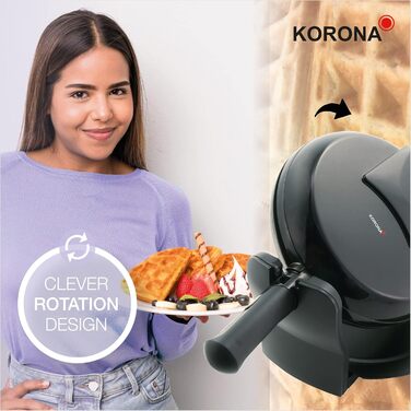 Вафельниця Korona 41004 для круглих бельгійських вафель, обертається на 180°, 1000 Вт, з двосторонньою індикацією, ідеальний розподіл тіста, компактне зберігання