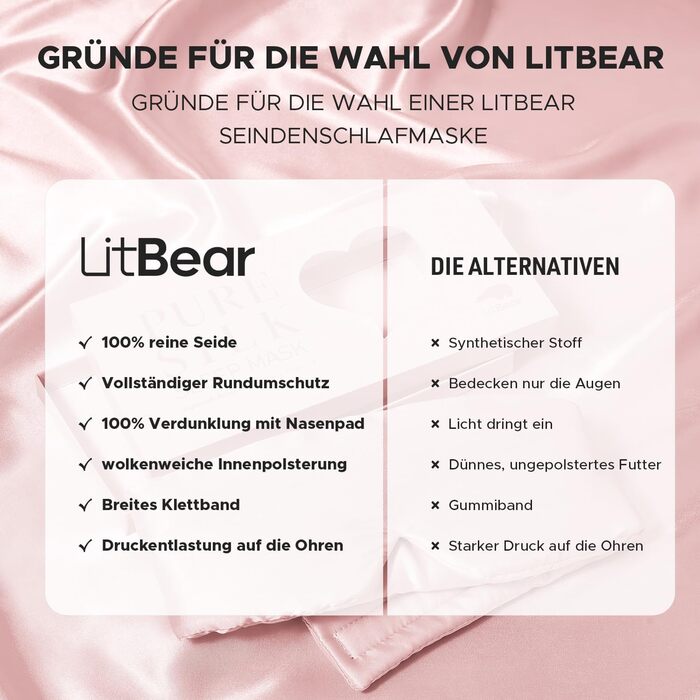 Маска для сну LitBear з 100% шовку маорі, для жінок та чоловіків, з регульованою стрічкою, рожевого кольору