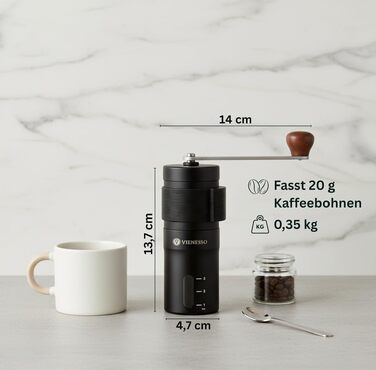 Ручна кавомолка Kaffeemühle з керамічними жорнами, чорна | Регульований помел для еспресо, компактна, для дому та подорожей