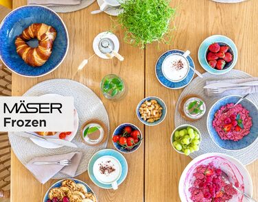 Набір керамічного посуду MÄSER Frozen 9 предметів: салатниця, 4 миски для рамену, 4 соусники, синій вінтаж, ручна глазур, кам'яна кераміка