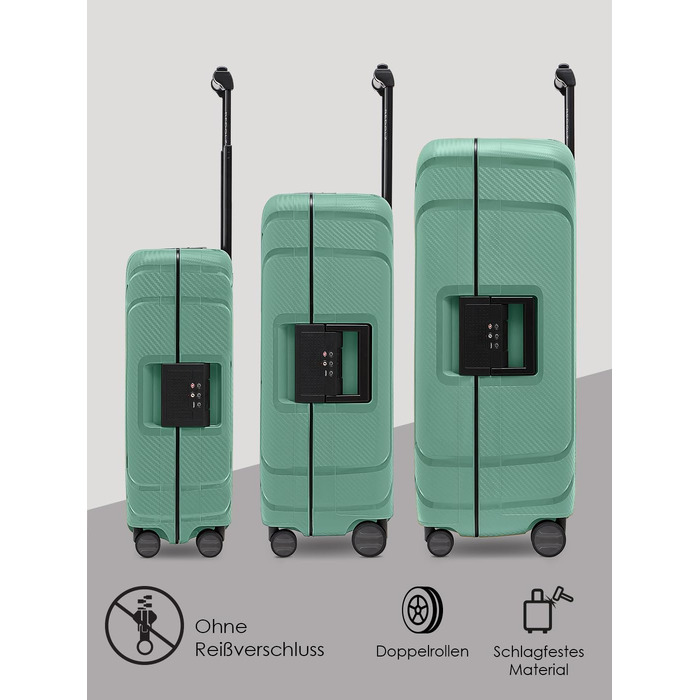 Набір валіз REDOLZ Essentials 15 (S, M, L) з поліпропілену, Sea Green: 3-точкова система замикання без блискавки, TSA-замок, 4 подвійні колеса