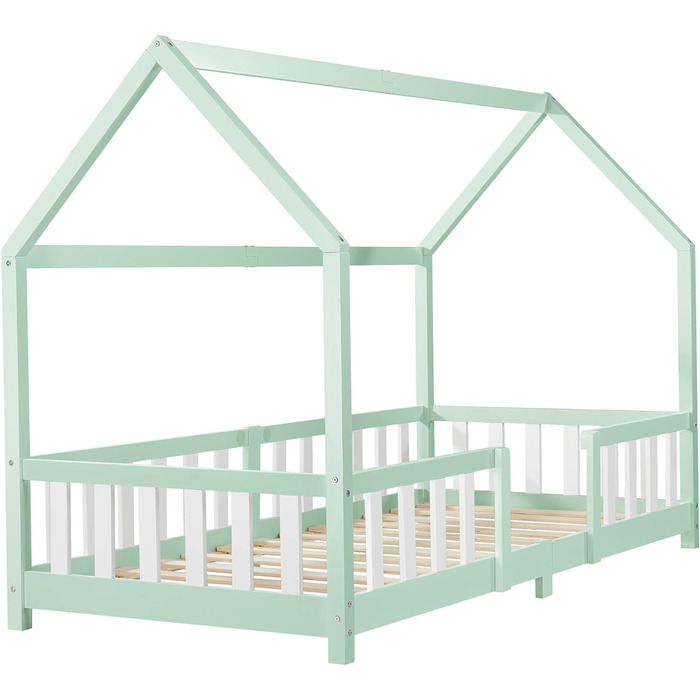Дитяче ліжко-хаус Sisimiut 90x200 см з бортиками, підліжковим каркасом, з масиву сосни, світло-сіре/біле, [en.casa]