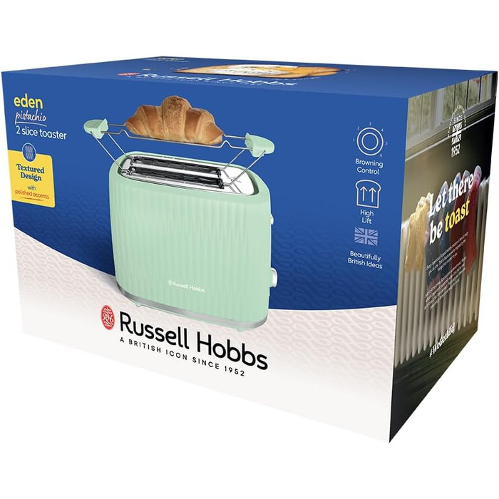 Тостер Russell Hobbs Eden на 2 тости, зелений (27372-56) - 6 режимів, розморожування, підігрів, підйом тостів, лоток для крихт