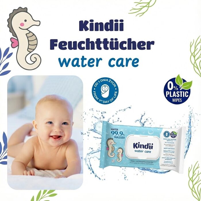 Дитячі вологі серветки Kindii Water Care 99,9% води, біорозкладні, 100% віскоза, без пластику, 960 шт (16 пачок по 60 шт)