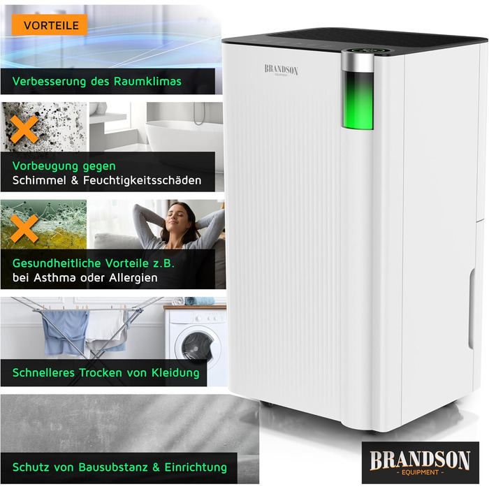 Електричний осушувач повітря Brandson з компресором, 12 літрів, Wi-Fi, з таймером, функцією відтавання, білий