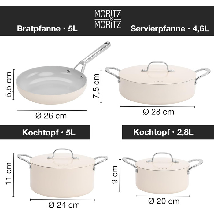 Набір каструль і сковорідок Moritz & Moritz, 7 предметів, алюмінієвий, з кришками, для індукції та всіх типів плит