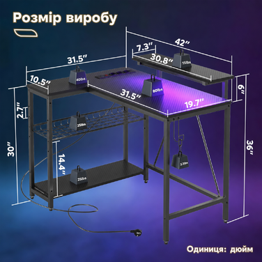 Ігровий кутовий стіл Bestier L-подібної форми з LED-підсвічуванням, розетками, 2 полицями та гачками – кутовий стіл для комп'ютера, офісу, спальні та геймінгу 106 x 80 см, 3D-вуглецеве волокно чорного кольору