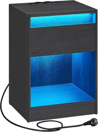 VASAGLE приліжковий столик з LED-підсвіткою, розетками та USB, сучасний, ящик, для спальні і вітальні, чорний