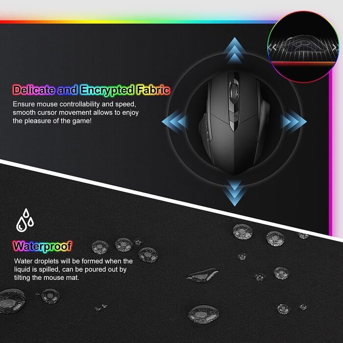 Килимок для миші ігровий RGB 900x400mm XXL чорний. Водостійкий, з підсвічуванням, антиковзаючий для ПК, ноутбука, ігор.