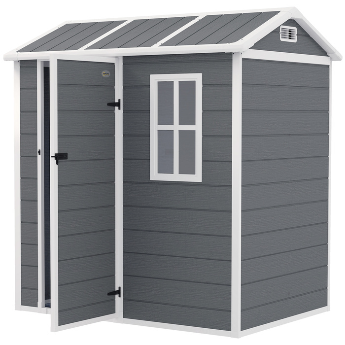 Садовий сарай Outsunny Пластиковий 2,1 м² 186 x 130 x 199 см Садовий сарай з двосхилим дахом Вікно Вікно, що замикається Погодостійкий садовий сарай Відкритий садовий сарай для заднього двору сірий