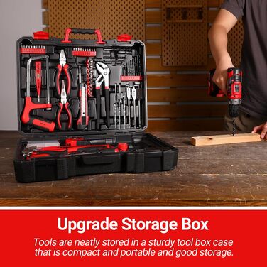 Набір інструментів DEKO з акумуляторним шуруповертом 20V, 186 предметів, кейс для домашнього ремонту (Червоний)