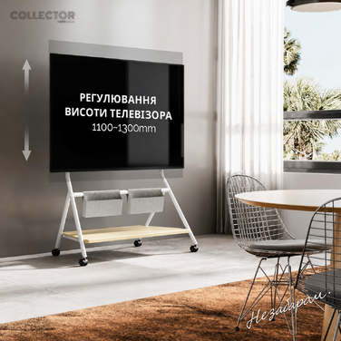 Пересувна підлогова стійка для телевізора FITUEYES Design, на колесах, для телевізорів 65-88 дюймів, до 55 кг, з регулюванням висоти, сумкою для зберігання та дерев'яною полицею, серія Collector