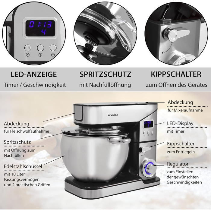 Кухонна машина Syntrox KM-2000W Lyon, міксер, м’ясорубка, 10 л, чорна/червона, Німеччина