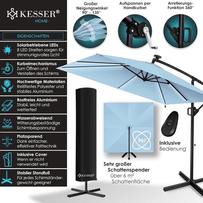 Гарматний парасоль KESSER Holly прямокутний з LED-підсвіткою на сонячній батареї, алюмінієвий, з ручкою-кривошипом, стійкою, чохлом, вітрозахистом, водостійкий, діаметр 350 см, світло-блакитний, для саду, з УФ-захистом