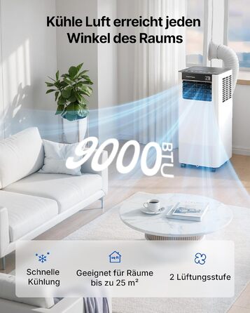 Мобільний кондиціонер 9000 BTU 2.6 кВт з шлангом + APP-керування | 3-в-1 для кімнат до 25 м²