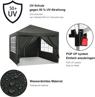 WOLTU павільйон Pop-Up водонепроникний складаний павільйон із боковими стінками для саду, тераси, кемпінгу та фестивалів, металевий каркас, оксфорд, 3x3 м, сірий