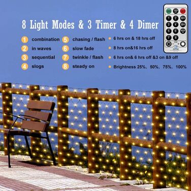 Світлодіодна сітка 6×2 м 300 LED для вулиці, чорний кабель, водонепроникна, з пультом, для кущів, саду, новорічна, тепле біле світло