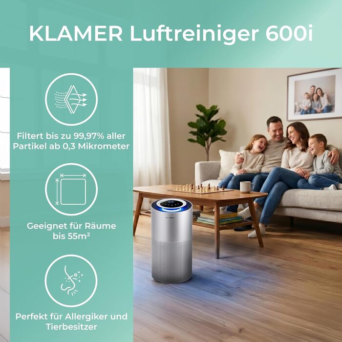 Очищувач повітря KLAMER Luftreiniger 600i з HEPA H13, вугільним фільтром та UV-лампою, CADR 450 м³/год для приміщень до 55 м², сріблястий