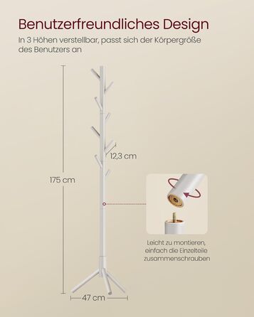 Стійка для одягу VASAGLE з масиву дерева, вішалка для одягу у вигляді дерева, 8 гачків, 3 регульовані висоти, для одягу, капелюхів, сумок, вітальня, спальня, офіс, RCR04GY (Cappuccinobeige)