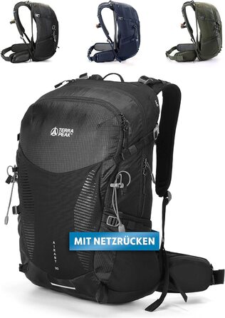 Рюкзак Terra Peak 30 л з вентильованою спинкою, тримачем для питної системи та дощовиком, чорний, туристичний для походів і прогулянок