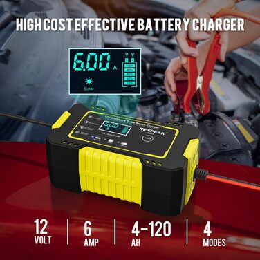 Зарядний пристрій для акумулятора 12V 6A - Smart автоматичний заряд для авто, вантажівки, мотоцикла, газонокосарки, човна, морських акумуляторів з температурною компенсацією