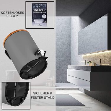 Косметичний відро для сміття VMbathrooms 3 л, сірий матовий, з бамбуковою кришкою, педаллю та функцією Soft Close для ванної кімнати