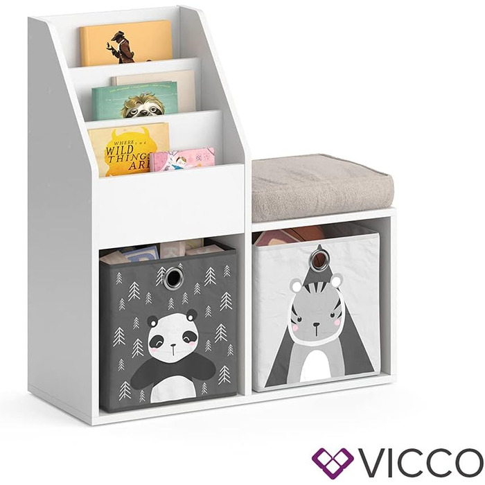 Дитяча книжкова полиця Vicco Luigi, біла, 72x79 см, з 2 текстильними коробками Panda/Tiger