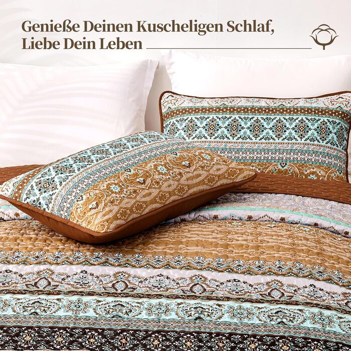 Покривало WONGS BEDDING Boho 220x240 см, стьобане, мікрофібра, 3 предмети: покривало і 2 наволочки 50x75, блакитне, для двоспального ліжка, спальня або диван