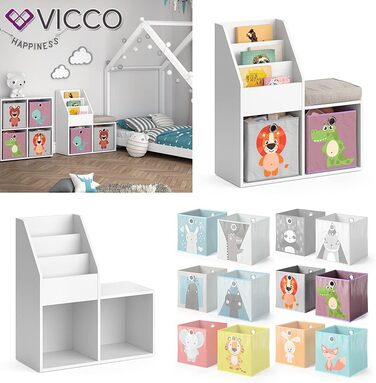Дитяча полиця Vicco Luigi біла 72x79 см з 2 складаними боксами Лев/Крокодил