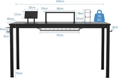 Ігровий стіл COSTWAY 140 см з підставкою для монітора, геймерський комп'ютерний стіл з тримачем для напоїв, гачком для навушників, кошиком для зберігання, медіаполицею, регульованими ніжками