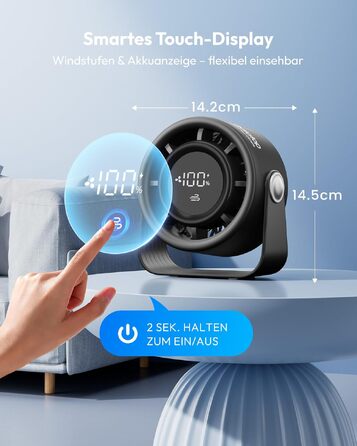 Вентилятор USB Gaiatop Klein безшумний, акумуляторний, настільний з 5 рівнями та потужним потоком повітря, сенсорний дисплей, поворотний на 360°, міні-вентилятор для спальні, офісу, столу, чорний