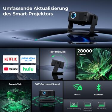 Проектор Beamer 4K 1080P, 28000 Люмен, Wi-Fi 6, Bluetooth, Автофокус, 4D Keystone, Netflix, для Дому/На Відкритому Повітрі, Чорний