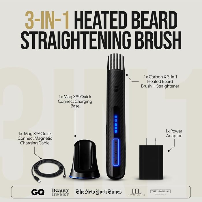 Електрична щітка для вирівнювання та догляду за бородою The Beard Struggle Carbon X, бездротовий випрямляч для бороди з 3 рівнями нагріву та захисним чохлом