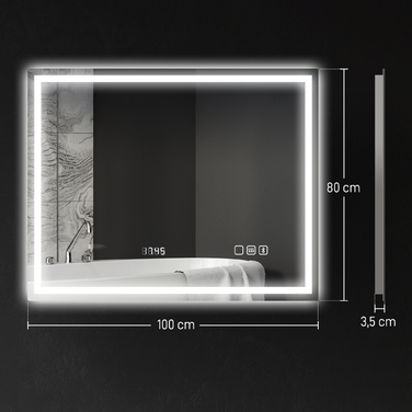 Дзеркало для ванної кімнати з LED-підсвічуванням, Bluetooth, 80 x 100 см, сенсорне керування, регульоване освітлення (3 кольори), антизапарювання, функція пам'яті, сріблястого кольору.