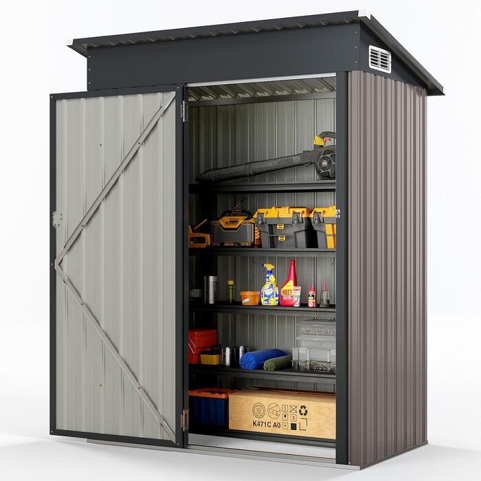 Металевий садовий будиночок COSTWAY 150x90,5x185 см, 1,5 м³, з односхилим дахом та дверима, замиканий, для інструментів, сірий