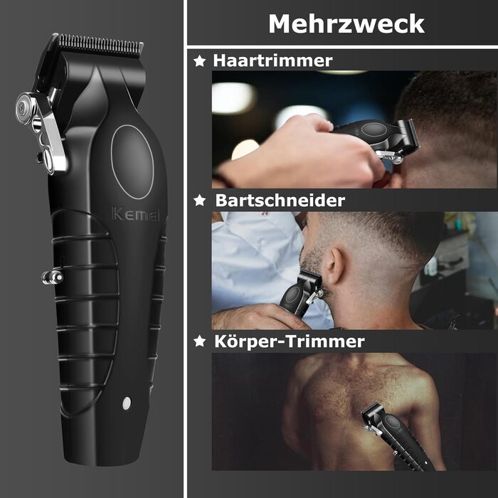 Kemei 2296 професійна машинка для стрижки волосся і бороди, бездротова, T-подібний лезо, USB-зарядка, чорна
