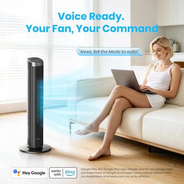 Вентилятор вежний Leiser Smart Tower, 90° осциляція, 4 режими, таймер 12 год, 86 см, чорний