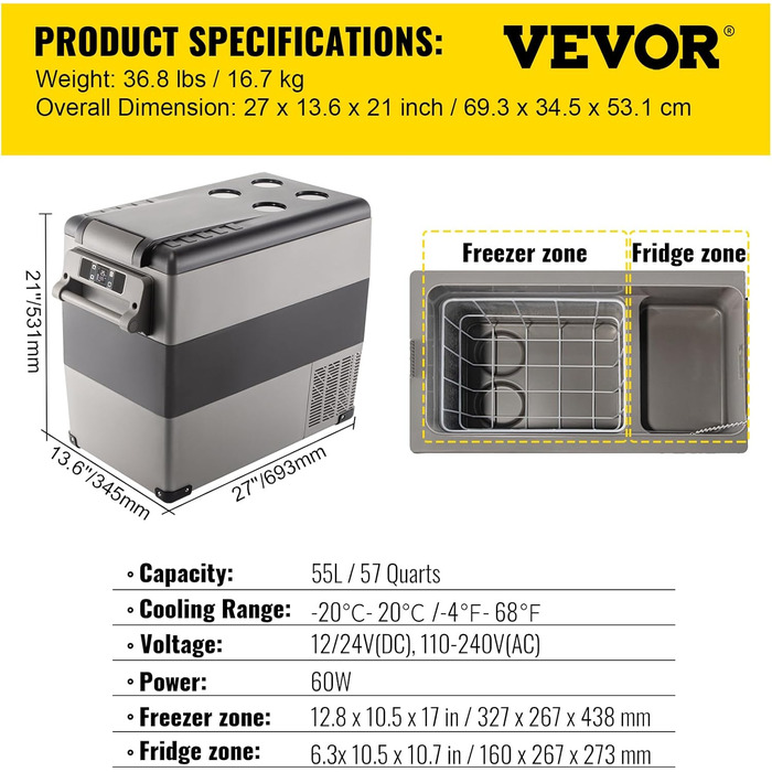 Автохолодильник VEVOR 35/55л нержавіюча сталь 12/24V, 220V: портативний компресорний кулер для авто, кемпінгу, подорожей (-20°C до +20°C)