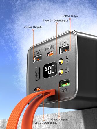 Портативний акумулятор 140W 70000mAh з 5 виходами USB-C, PD3.1, QC4.0, LED дисплеєм та ліхтариком. Чорний. Для ноутбука, телефону, планшета. Ідеально для подорожей, кемпінгу та активного відпочинку на природі.