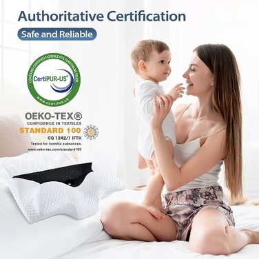 Ортопедична подушка HOMCA з піни Memory Foam, ергономічна подушка для підтримки шиї та голови, для сну на боці, спині та животі, знімний чохол, чорна, 60x35x8/12 см
