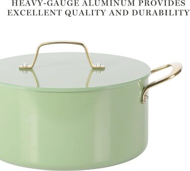 Набір посуду Martha Stewart Lockton Premium 10 предметів: каструлі та сковороди з керамічним антипригарним покриттям (зелений з золотими ручками)