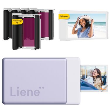 Портативний міні-фотопринтер Liene Pearl N200 Pro з підключенням Bluetooth, сублімаційна технологія, 300 dpi, для iPhone та Android, вбудований акумулятор, комплект з 50 фото (5x7,6 см) та 5 фарбовими стрічками (Lila)