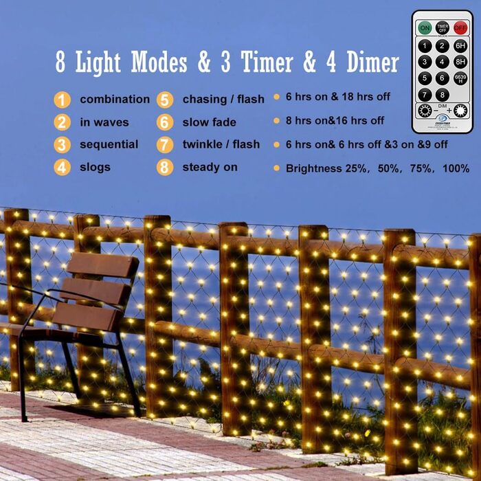 Світлодіодна сітка 6×2 м 300 LED для вулиці, чорний кабель, водонепроникна, з пультом, для кущів, саду, новорічна, тепле біле світло