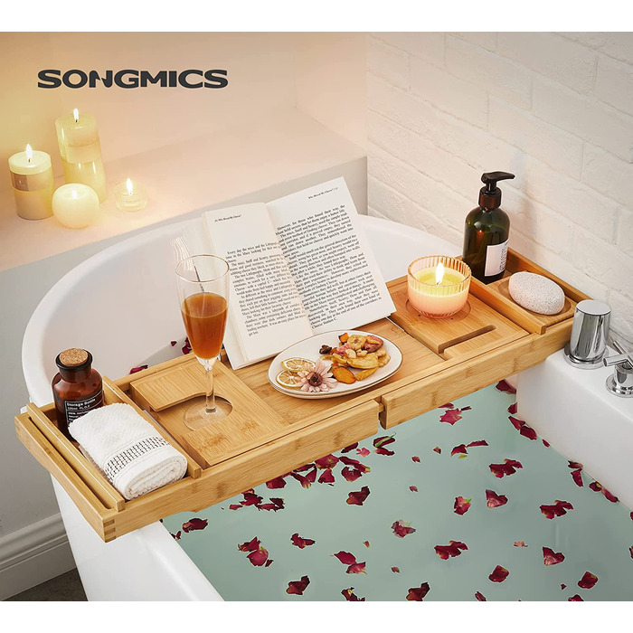 Розсувна полиця для ванни SONGMICS з бамбука, з підставкою для книги, тримачем для напоїв і мила, регульована, 75-109 x 4,5 x 23 см, натуральна